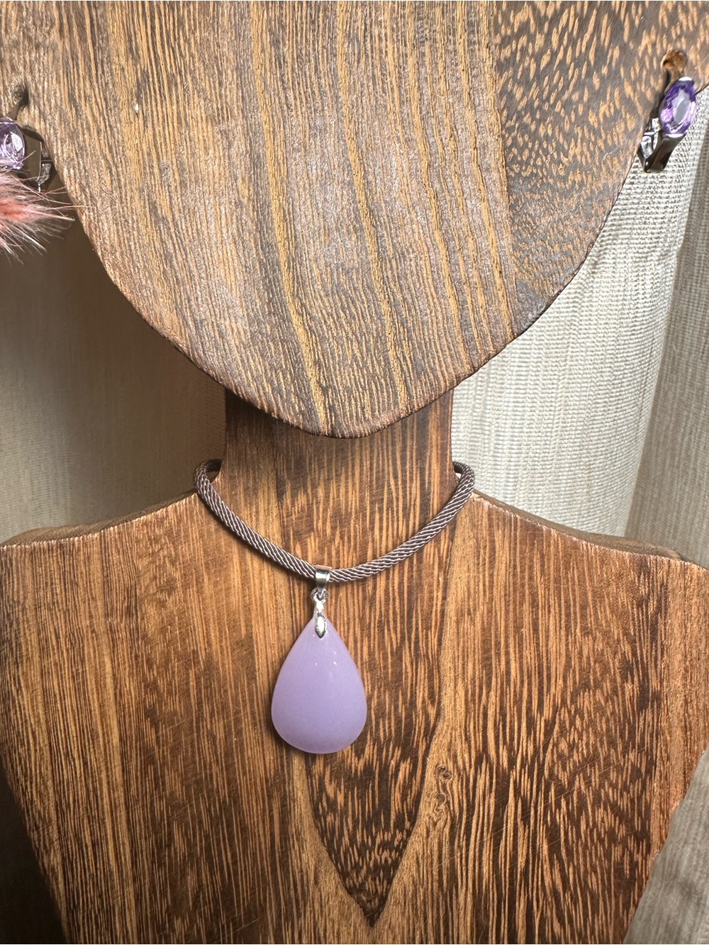 Lavender Teardrop Pendant Necklace on Brown Rope - Picture 3 of 15